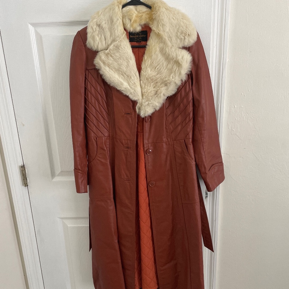 Vintage leather and real fur trench